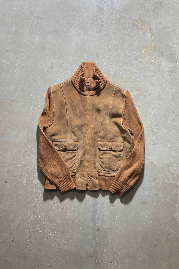 70-80'S SUEDE LEATHER ACRYLIC KNIT ZIP JACKET / BEIGE [SIZE: M USED]