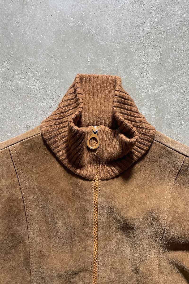 70-80'S SUEDE LEATHER ACRYLIC KNIT ZIP JACKET / BEIGE [SIZE: M USED]