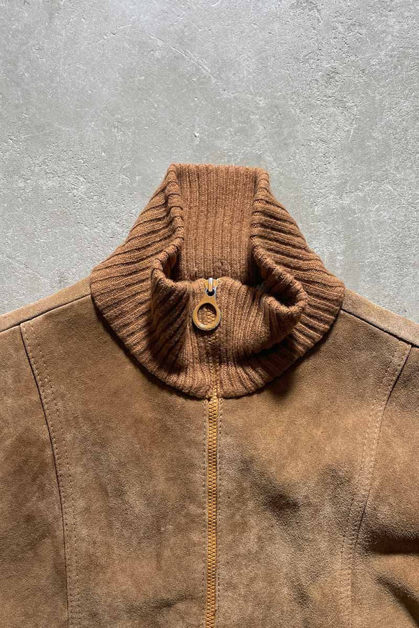 70-80'S SUEDE LEATHER ACRYLIC KNIT ZIP JACKET / BEIGE [SIZE: M USED]