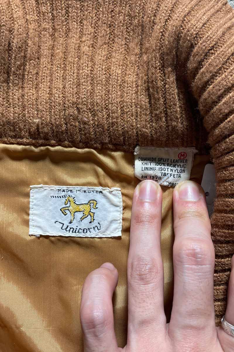 70-80'S SUEDE LEATHER ACRYLIC KNIT ZIP JACKET / BEIGE [SIZE: M USED]