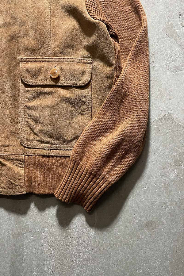 70-80'S SUEDE LEATHER ACRYLIC KNIT ZIP JACKET / BEIGE [SIZE: M USED]