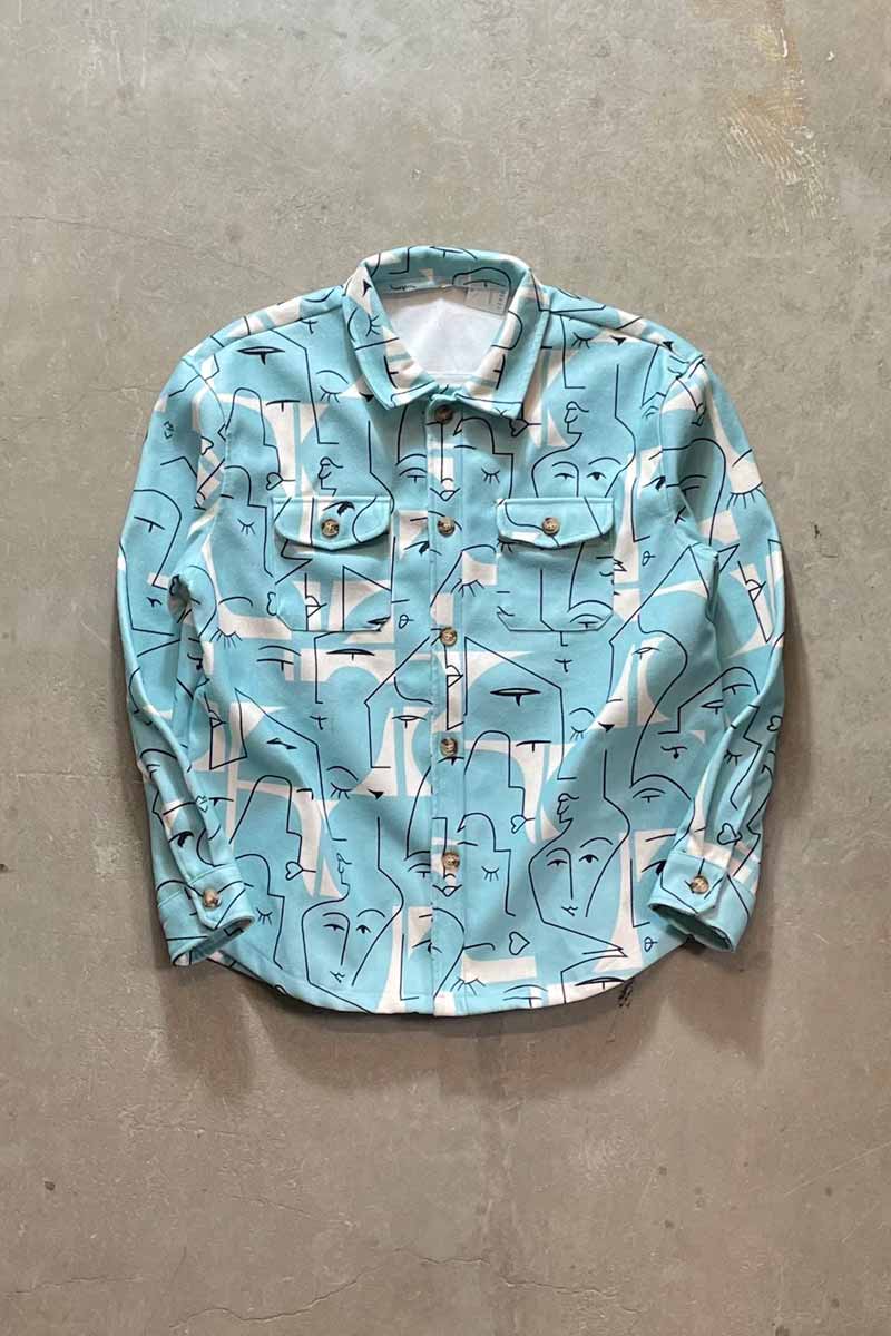 FACE PATTERN BRUSHED WORK SHIRT JACKET / BLUE [SIZE: XL USED]
