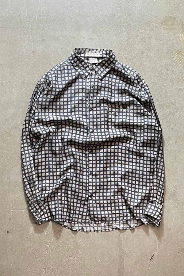 90'S L/S CHECK SILK SHIRT / BEIGE [SIZE: L USED]
