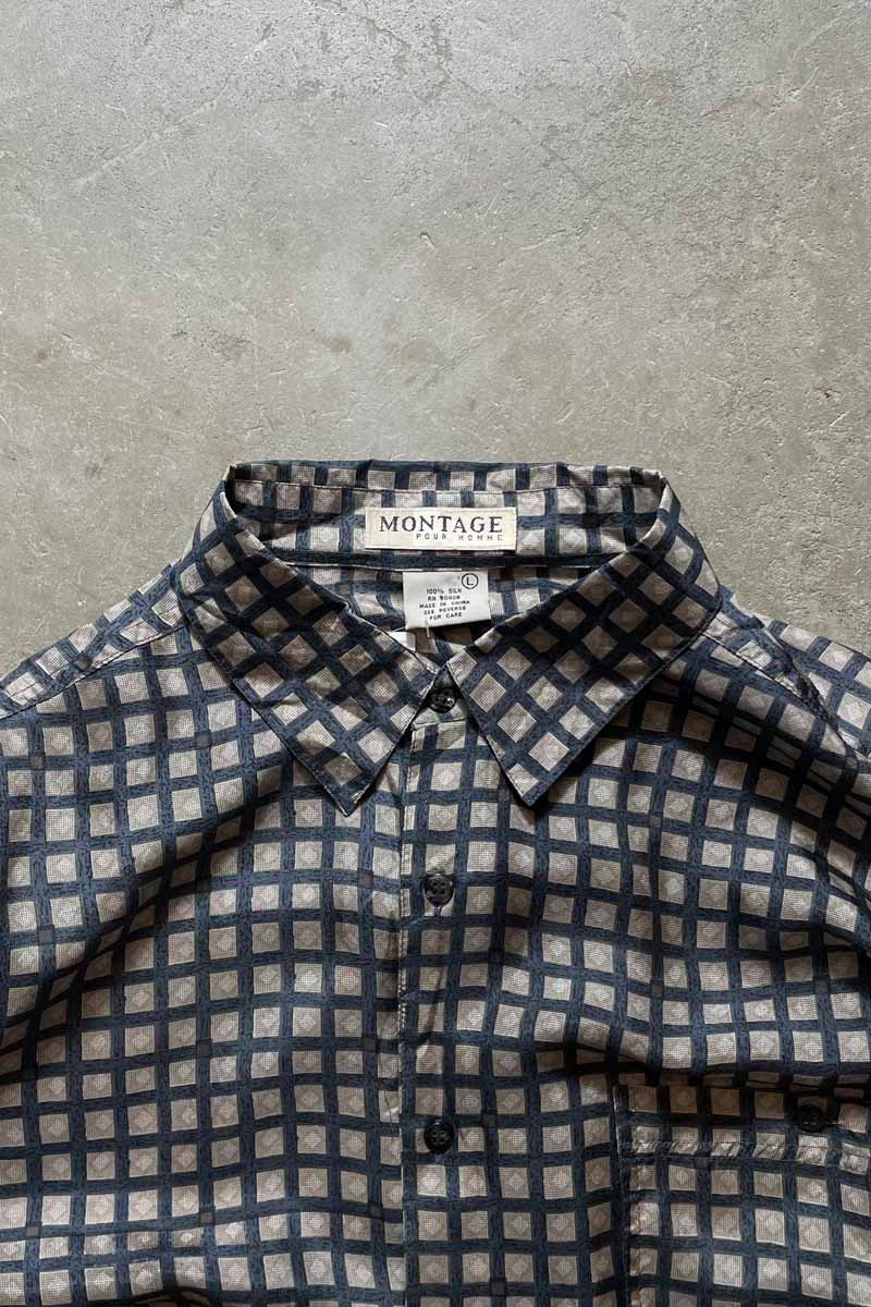 90'S L/S CHECK SILK SHIRT / BEIGE [SIZE: L USED]