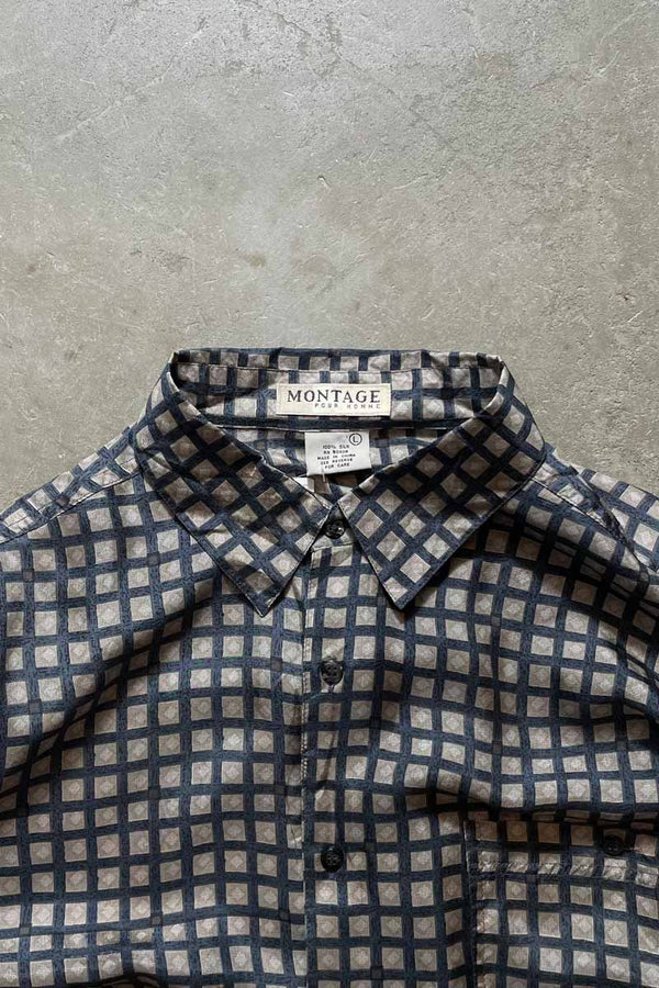 90'S L/S CHECK SILK SHIRT / BEIGE [SIZE: L USED]