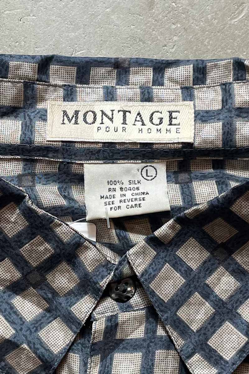 90'S L/S CHECK SILK SHIRT / BEIGE [SIZE: L USED]