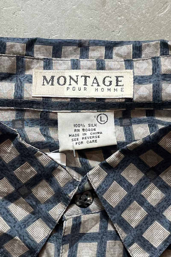 90'S L/S CHECK SILK SHIRT / BEIGE [SIZE: L USED]