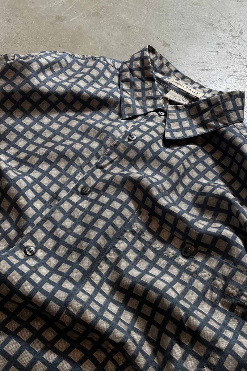 90'S L/S CHECK SILK SHIRT / BEIGE [SIZE: L USED]