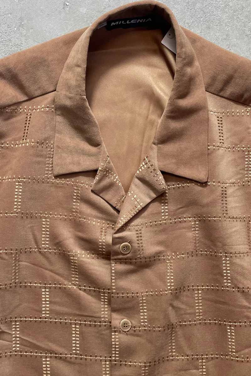 90'S L/S VEGAN SUEDE OPEN COLLAR DESIGN CHECK SHIRT / BEIGE [SIZE: XL USED]