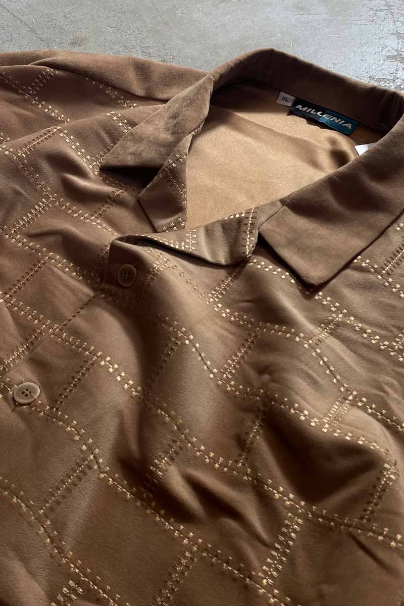 90'S L/S VEGAN SUEDE OPEN COLLAR DESIGN CHECK SHIRT / BEIGE [SIZE: XL USED]