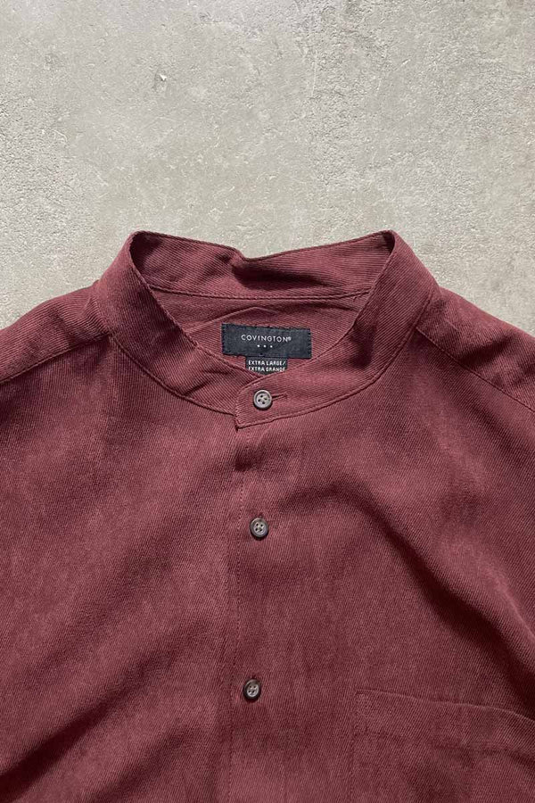 90'S L/S VEGAN SUEDE BAND COLLAR SHIRT / BURGUNDY [SIZE: XL USED]