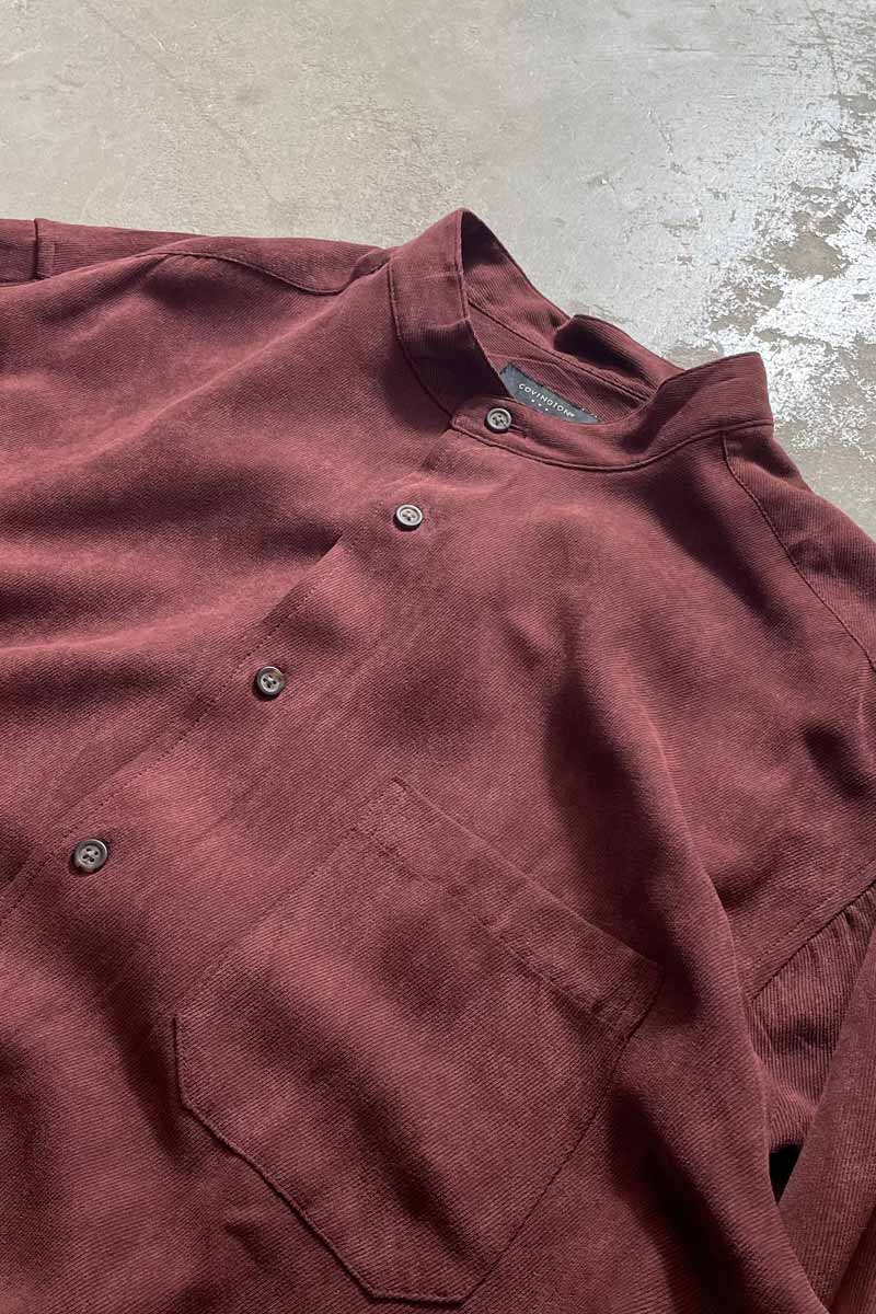 90'S L/S VEGAN SUEDE BAND COLLAR SHIRT / BURGUNDY [SIZE: XL USED]