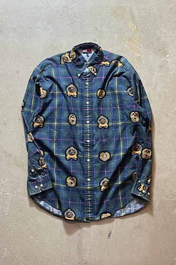 90'S L/S B.D EMBLEM CHECK COTTON SHIRT / GREEN [SIZE: M USED]