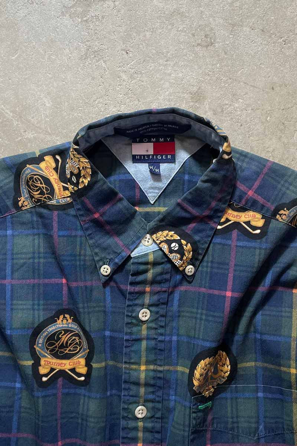 90'S L/S B.D EMBLEM CHECK COTTON SHIRT / GREEN [SIZE: M USED]