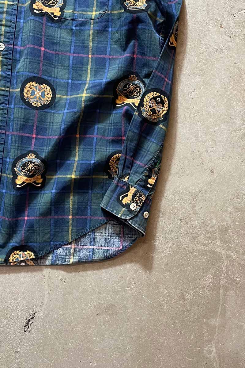 90'S L/S B.D EMBLEM CHECK COTTON SHIRT / GREEN [SIZE: M USED]