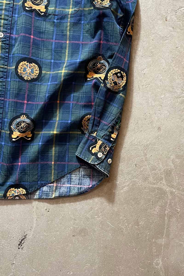 90'S L/S B.D EMBLEM CHECK COTTON SHIRT / GREEN [SIZE: M USED]