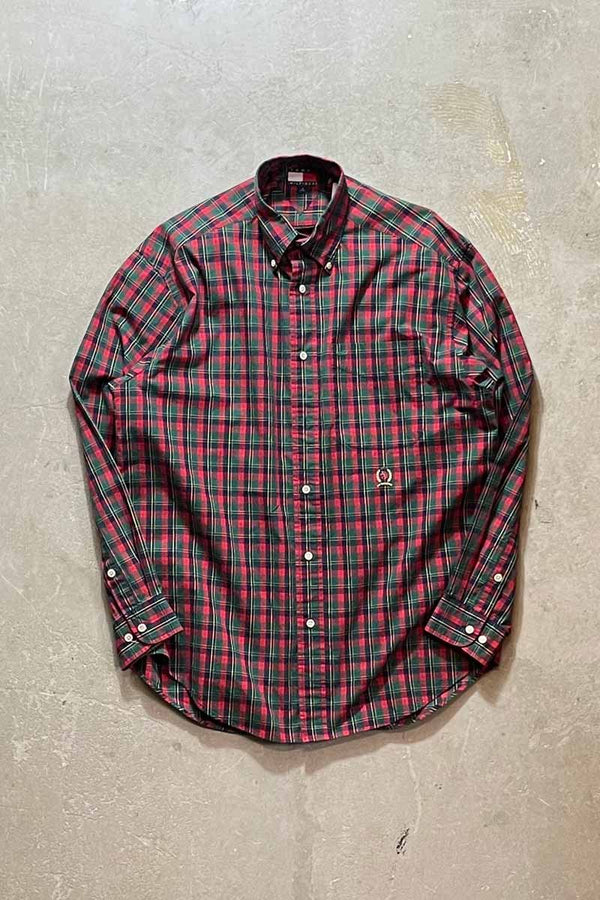 90'S L/S B.D CHECK COTTON SHIRT / GREEN [SIZE: S USED]