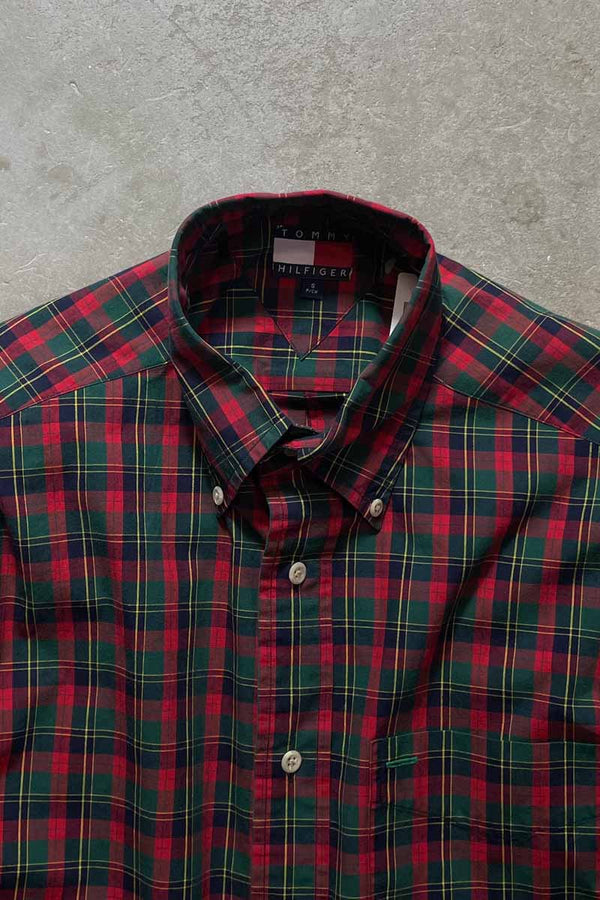 90'S L/S B.D CHECK COTTON SHIRT / GREEN [SIZE: S USED]