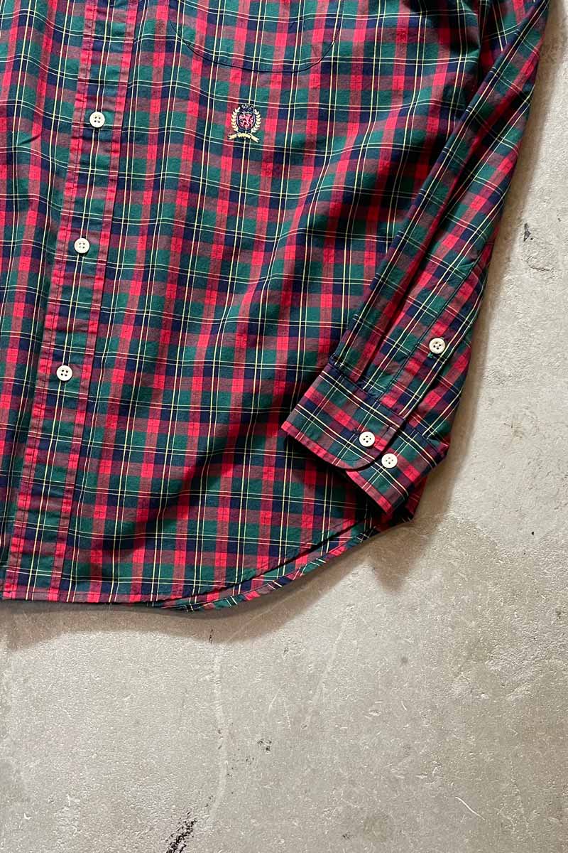 90'S L/S B.D CHECK COTTON SHIRT / GREEN [SIZE: S USED]