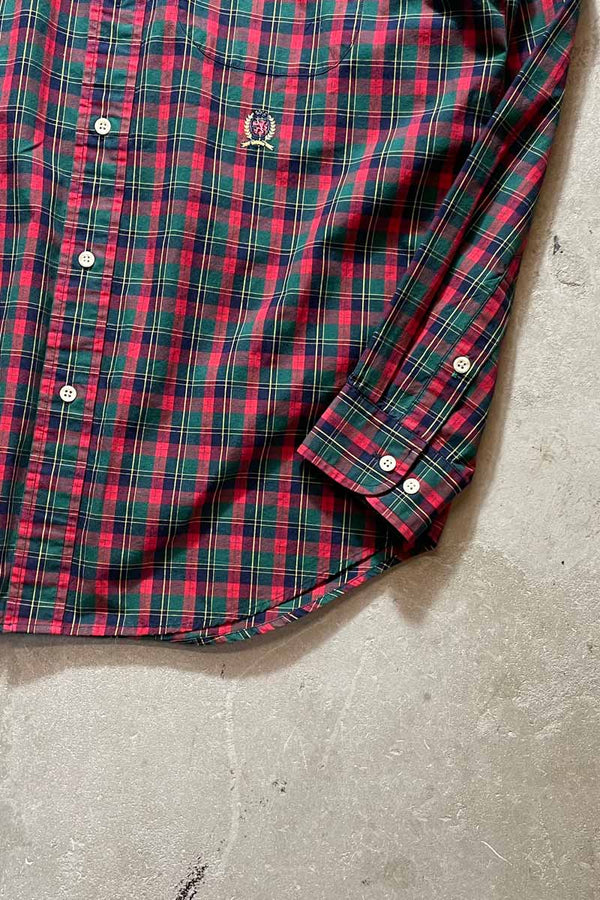 90'S L/S B.D CHECK COTTON SHIRT / GREEN [SIZE: S USED]