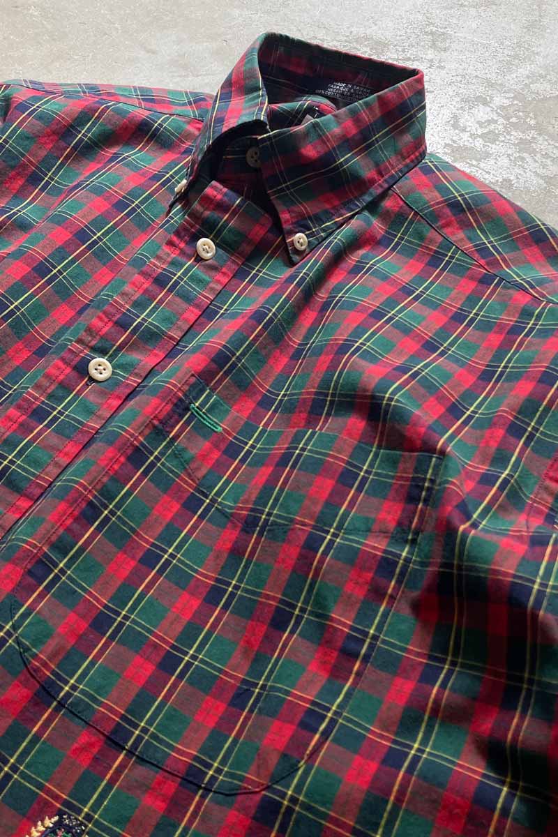 90'S L/S B.D CHECK COTTON SHIRT / GREEN [SIZE: S USED]