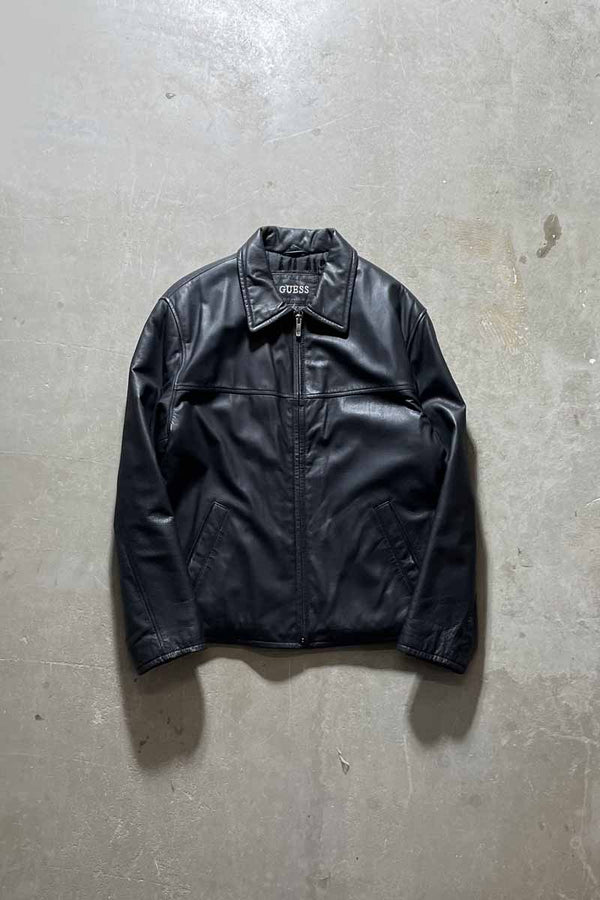 90'S ZIP UP LEATHER JACKET W/QUILTING LINER / BLACK [SIZE: M USED]