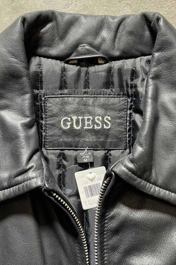 90'S ZIP UP LEATHER JACKET W/QUILTING LINER / BLACK [SIZE: M USED]
