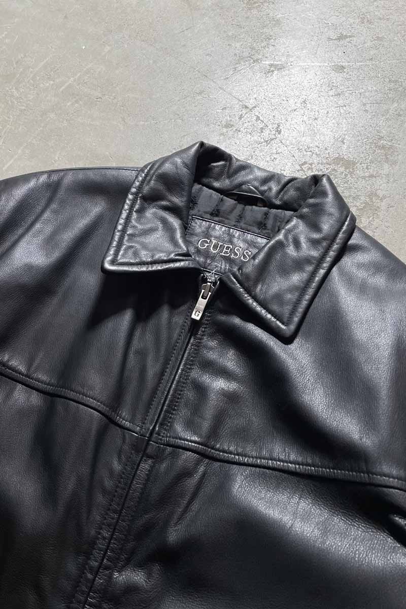 90'S ZIP UP LEATHER JACKET W/QUILTING LINER / BLACK [SIZE: M USED]