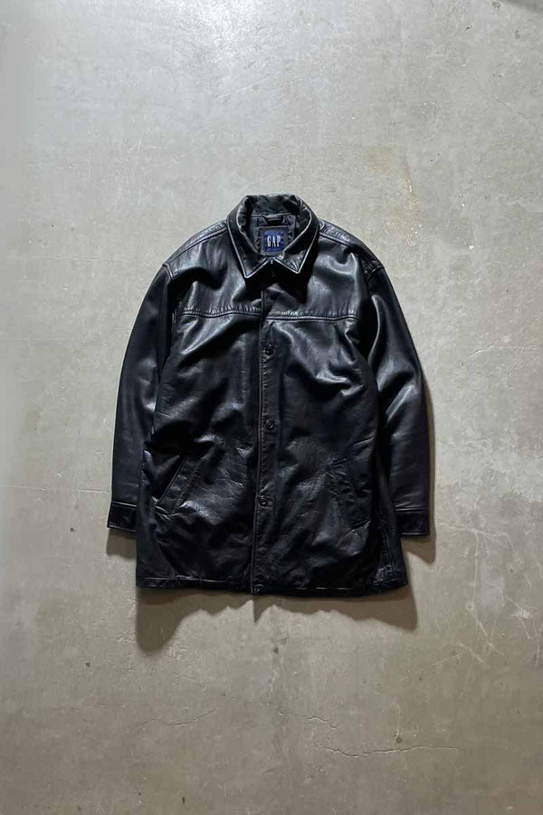 90'S BUTTON LEATHER HALF COAT / BLACK [SIZE: L USED]