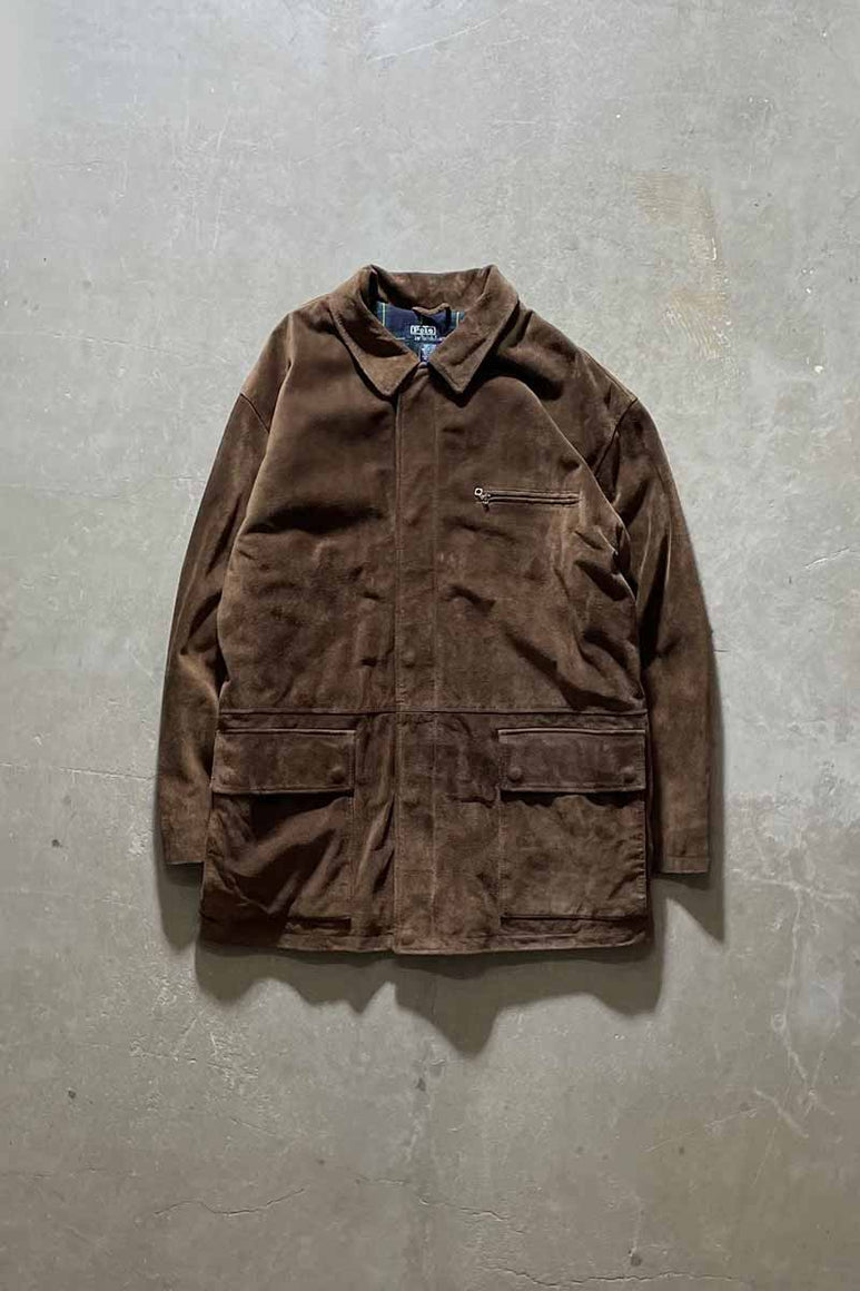 90'S ZIP UP SUEDE LEATHER COAT / BROWN [SIZE: L USED]