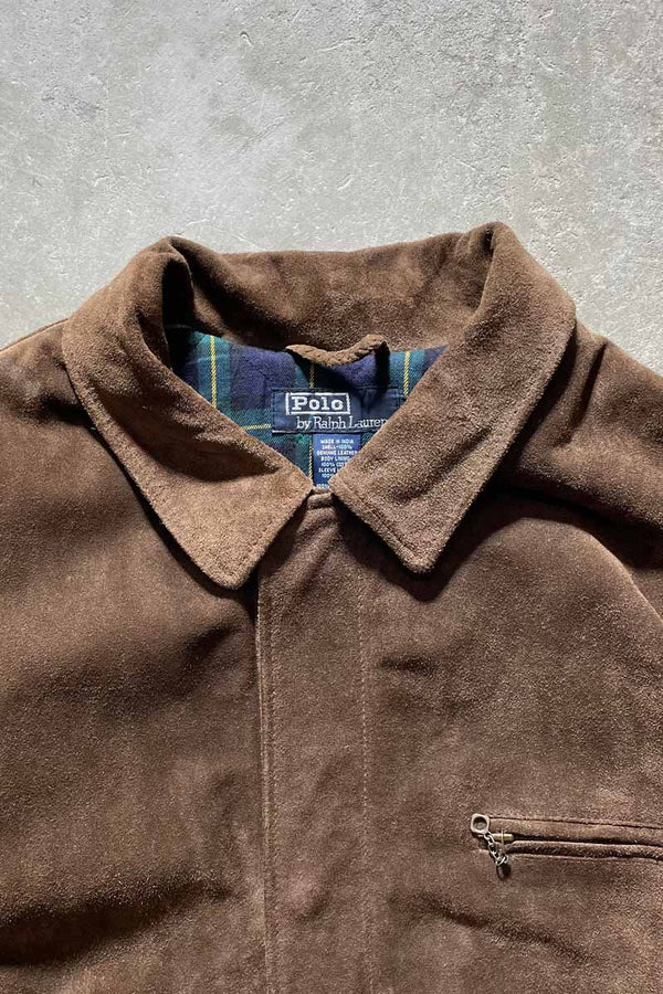 90'S ZIP UP SUEDE LEATHER COAT / BROWN [SIZE: L USED]