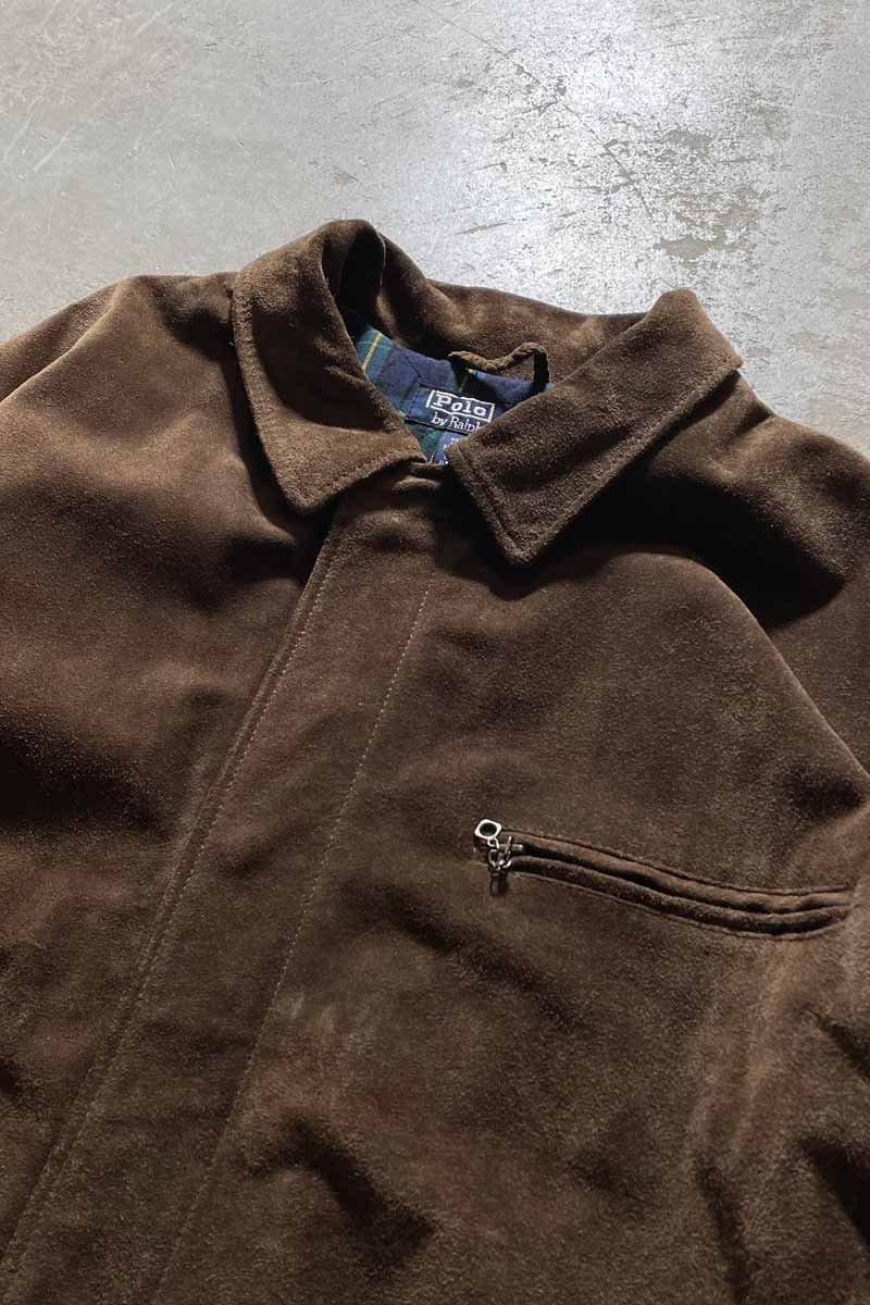 90'S ZIP UP SUEDE LEATHER COAT / BROWN [SIZE: L USED]