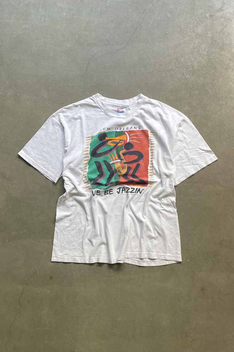 MADE IN USA 93'S S/S NEW ORLEANS PRINT ART T-SHIRT / WHITE [SIZE: XL USED]
