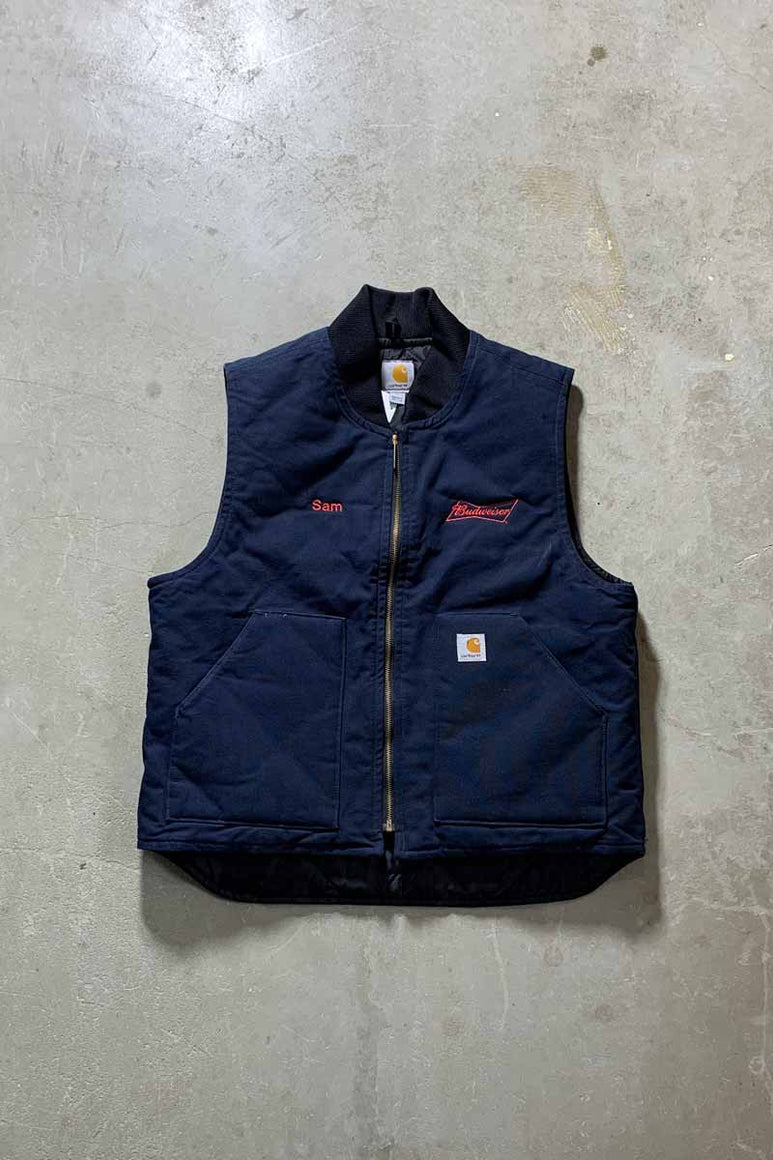 MADE IN MEXICO BUDWEISER DUCK VEST W/QUILTING LINER / NAVY [SIZE: L USED]