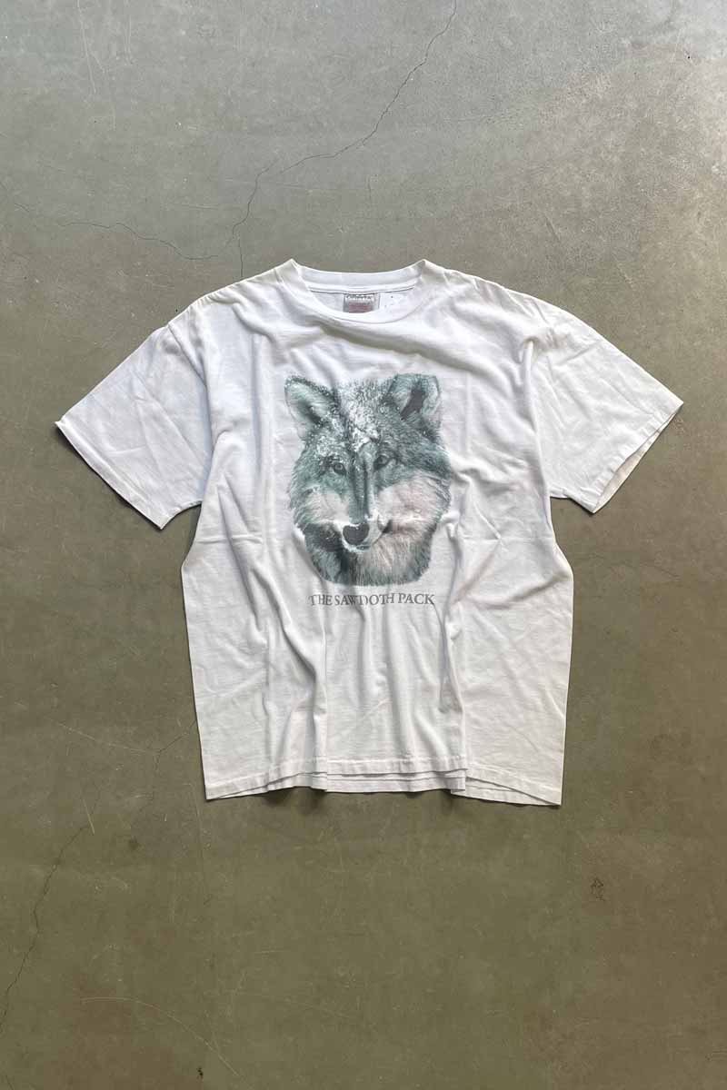 MADE IN USA 90'S S/S WOLF PRINT ANIMAL T-SHIRT / WHITE [SIZE: XL USED]