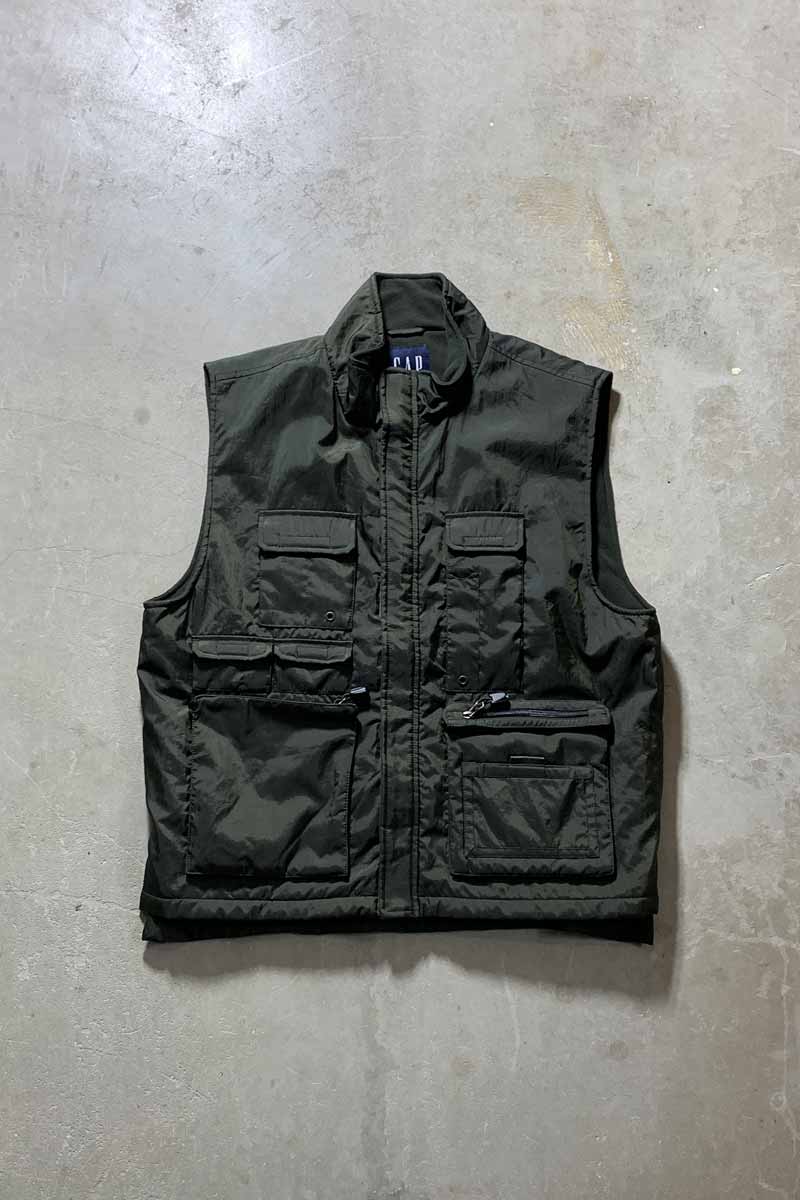 90'S NYLON CARGO VEST W/FLEECE LINER / OLIVE [SIZE: L DEADSTOCK/NOS]