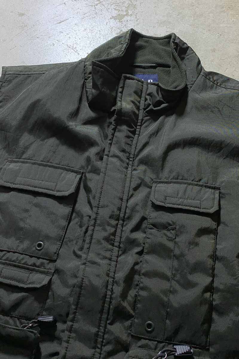90'S NYLON CARGO VEST W/FLEECE LINER / OLIVE [SIZE: L DEADSTOCK/NOS]