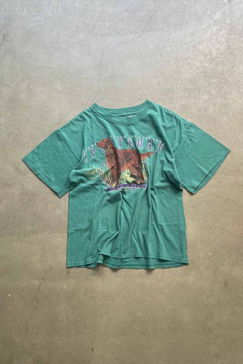 MADE IN USA 90'S S/S IRISH SETTER DOG PRINT ANIMAL T-SHIRT / GREEN [SIZE: L USED]