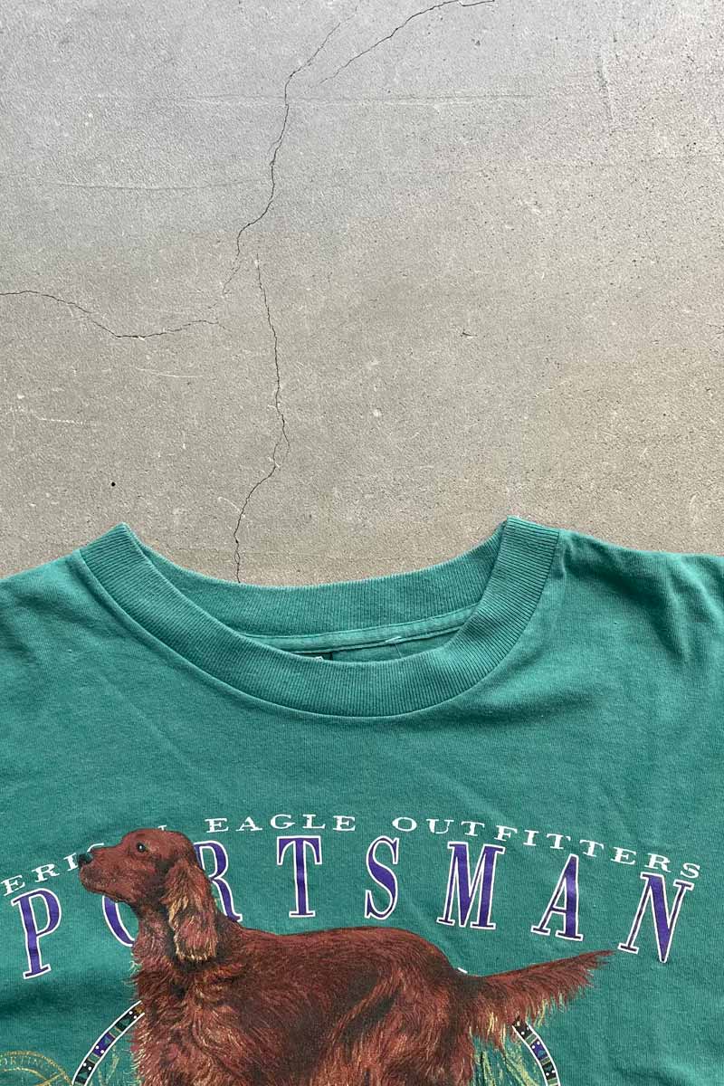 MADE IN USA 90'S S/S IRISH SETTER DOG PRINT ANIMAL T-SHIRT / GREEN [SIZE: L USED]