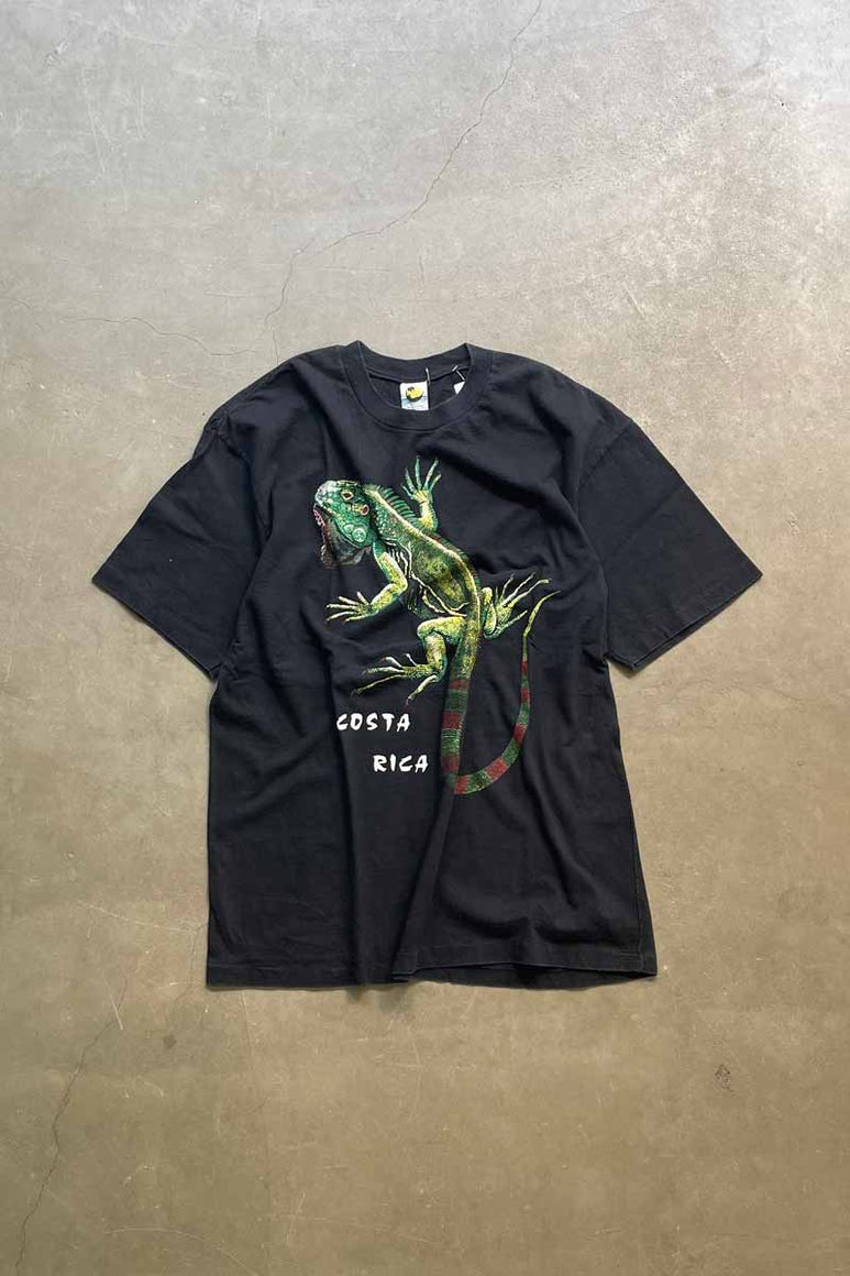 90'S S/S IGUANA PRINT ANIMAL T-SHIRT / BLACK [SIZE: XL USED]