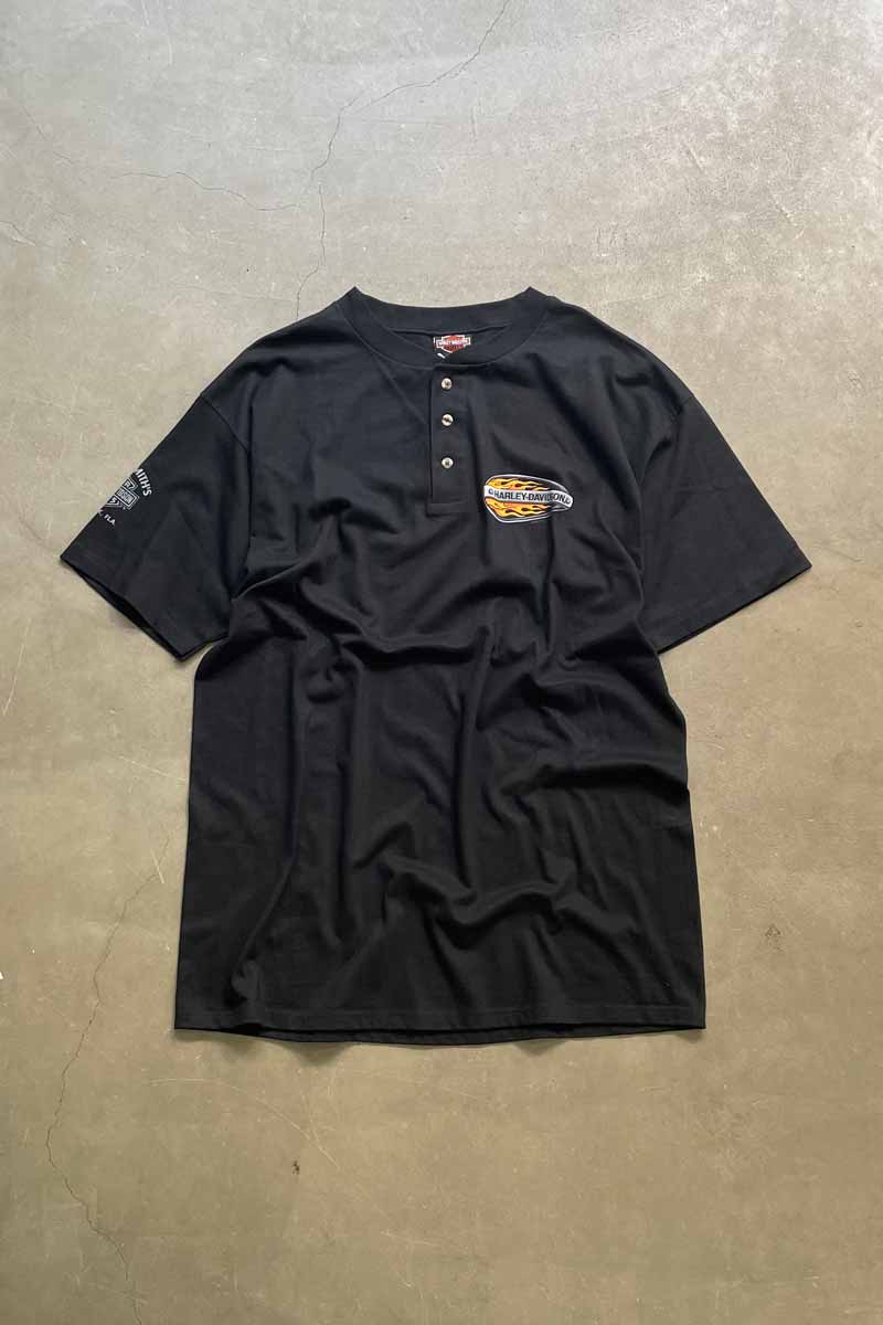 MADE IN USA 99'S S/S SCOTT SMITH'S HENLEY NECK LOGO PRINT MOTORCYCLE T-SHIRT / BLACK [SIZE: XL DEADSTOCK/NOS]
