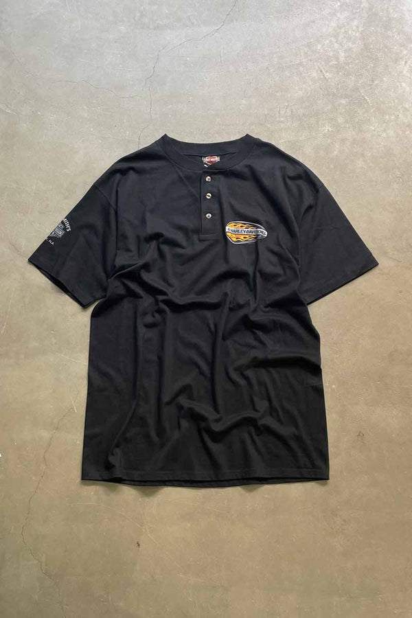 MADE IN USA 99'S S/S SCOTT SMITH'S HENLEY NECK LOGO PRINT MOTORCYCLE T-SHIRT / BLACK [SIZE: XL DEADSTOCK/NOS]