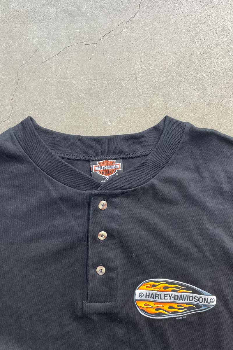 MADE IN USA 99'S S/S SCOTT SMITH'S HENLEY NECK LOGO PRINT MOTORCYCLE T-SHIRT / BLACK [SIZE: XL DEADSTOCK/NOS]