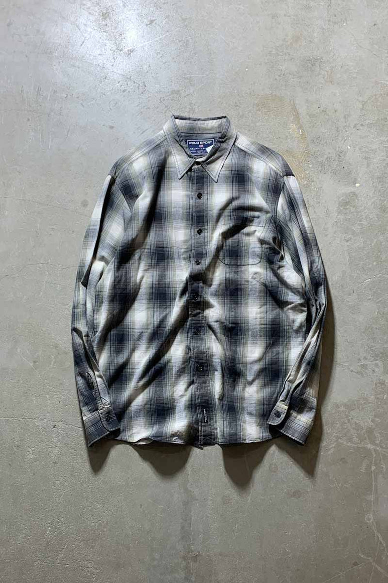 90'S L/S OMBRE CHECK SHIRT / GREEN / WHITE [SIZE: L USED]