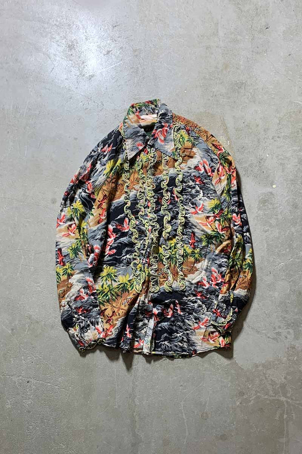 60s L/S HAWAIIAN DESIGN RAYON FRILL SHIRT / MULTI [SIZE: XL USED]