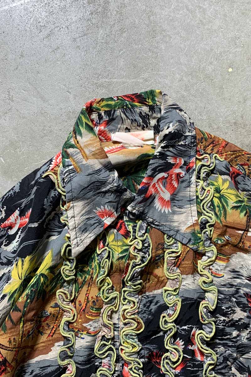 60s L/S HAWAIIAN DESIGN RAYON FRILL SHIRT / MULTI [SIZE: XL USED]