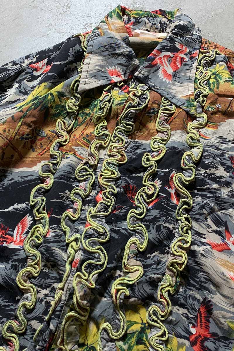 60s L/S HAWAIIAN DESIGN RAYON FRILL SHIRT / MULTI [SIZE: XL USED]