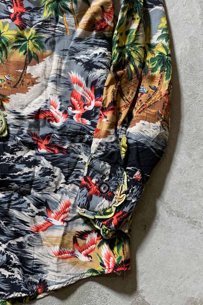 60s L/S HAWAIIAN DESIGN RAYON FRILL SHIRT / MULTI [SIZE: XL USED]