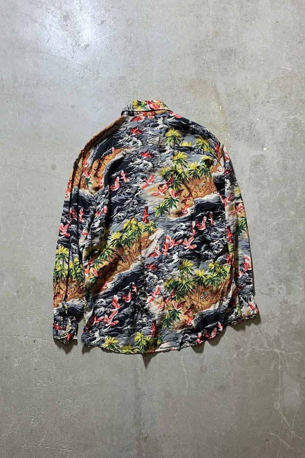 60s L/S HAWAIIAN DESIGN RAYON FRILL SHIRT / MULTI [SIZE: XL USED]