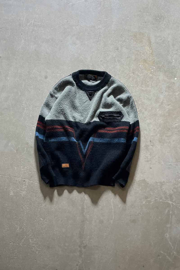 80s LEATHER SWITCHING WOOL ACRYLIC DESIGN KNIT SWEATER / NAVY [SIZE: M USED]